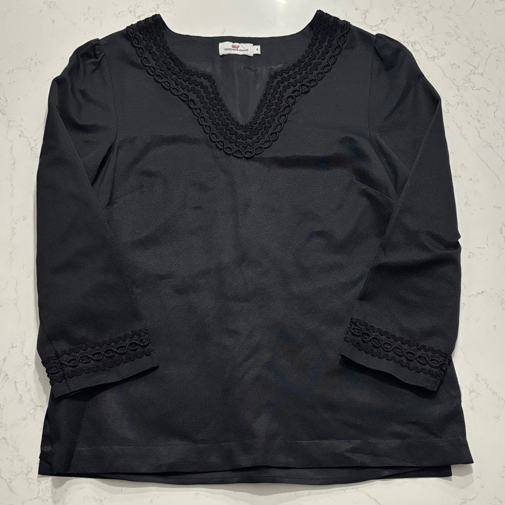 Vineyard Vines Black Blouse with Embroidered Neck and Sleeves- Woman’s Size 4